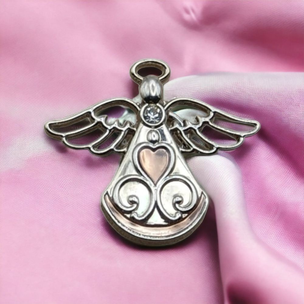 Silver Tone Angel Clear Rhinestone Copper Tone Heart Hat Lapel Pin